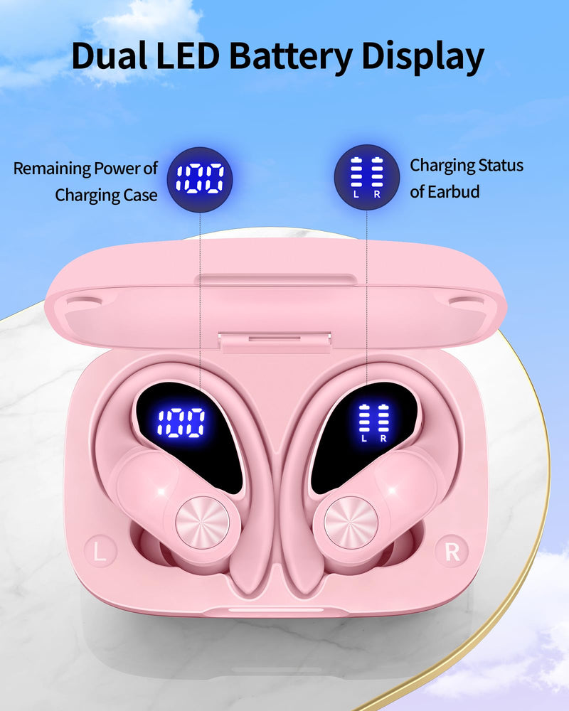 2 Sets Bluetooth Headphones Wireless Earbuds 80hrs Playtime Wireless Charging Case Sports Ear buds with Earhook Premium Deep Bass IPX7 Waterproof Over-Ear Earphones for Phone Laptop Mint Green + Pink