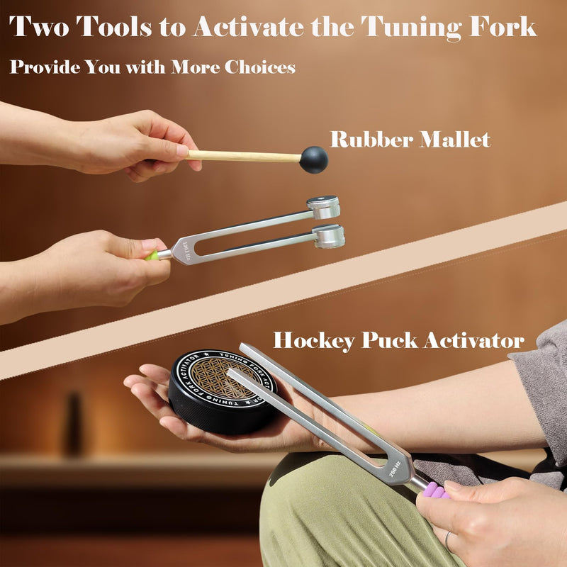 [AUSTRALIA] - Tuning Forks for Healing Set (128Hz, 136.1Hz, 256Hz, 384Hz) with Activator & Reflex Hammer, Sound Therapy Instruments for Chakra/Yoga/Meditation, Frequency Healing Devices in Vegan Leather Pouch Silver 
