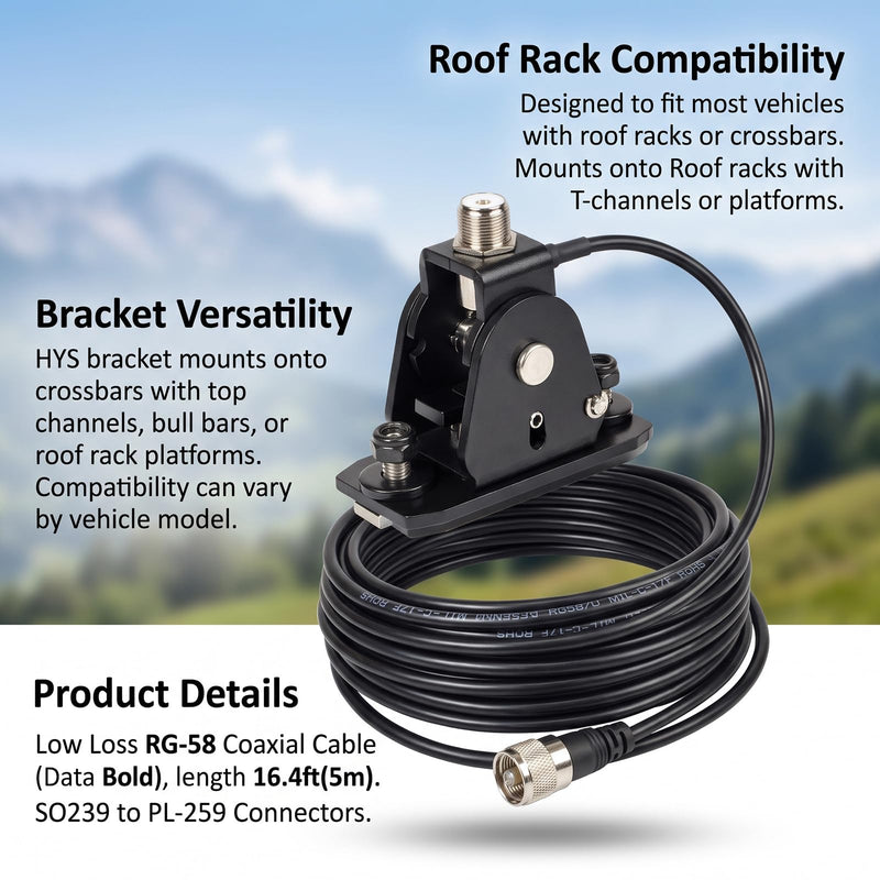 HYS 180° Rotation FoldAntenna Mount for Roof Racks, SO239 to PL-259 Cable | Rotatable bracket for easy garage clearance. Fits T-channel, platform, and bull bar roof racks. Includes 16.4ft coax cable.