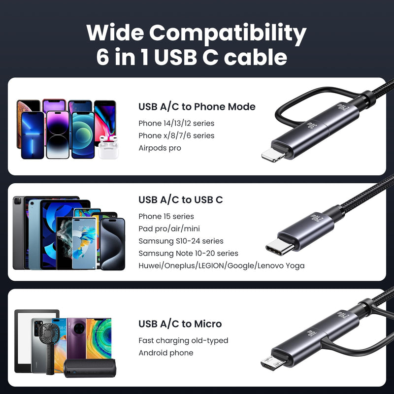 72W Super Fast Dual USB-C 3-in-1 Multi Charging Cable for iWatch+240W Multi Charging Cable, 6.6ft 6-in-1 USB C Cable Fast Charging Cords