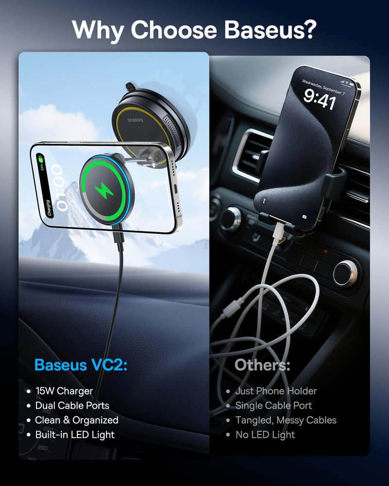 Baseus Vacuum 15W for Magsafe Car Mount Charger, 119LBS Suction Cup 720° Adjustable Magnetic Car Charger Phone Holder, Foldable Cell Phone Holder with Reusable Washable Gel for Car & for 17to13 iPhone Black