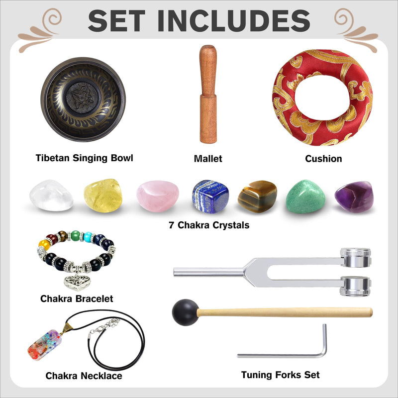 Tibetan Singing Bowl Set, Pure Timbre - Pure and ethereal, Chakra Sound Healing, for Meditation balancing Mindfulness and Stress Relief, Unique Spiritual Gifts for Women and Men (Brass, 3.2-4 inch)