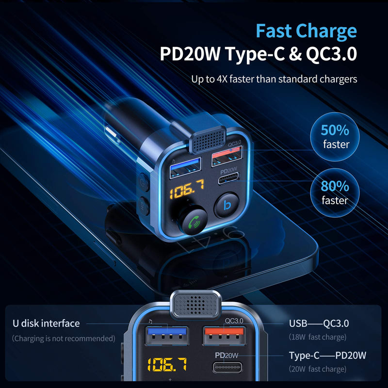 UNBREAKcable Bluetooth 5.3 FM Transmitter for Car, [PD 20W + QC 3.0] [Stronger Microphone & HiFi Bass Sound] Cigarette Lighter Radio Music Adapter Charger, Supports Hands-Free Siri Google Assistant Blue