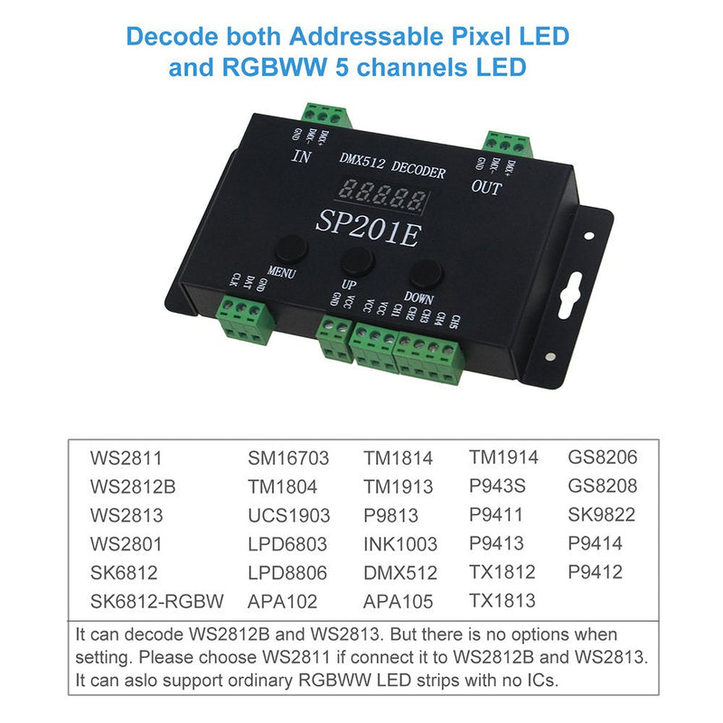 ALITOVE WS2812B WS2811 DMX to SPI Controller Decoder, W/ 99 Color Modes, 5 Channel DMX 512 RGB WW Decoder Controller for SK6812 WS2801 WS2813 LP6803 8806 1903 RGBWW LED Pixels Light Strip DC5V~24V