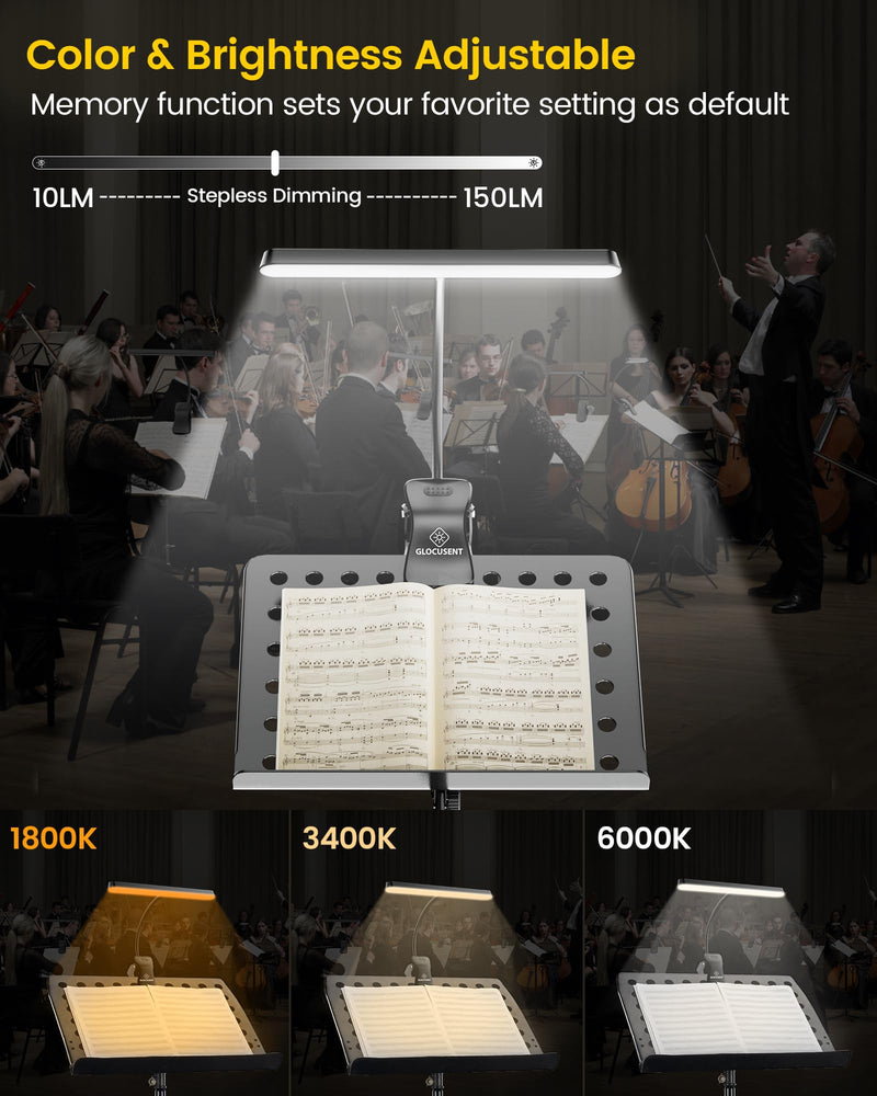 Glocusent 57 LED Super Bright Music Stand Light, Eye Caring Clip-on Piano Light, 3 Color & 5 Brightness, USB-C Rechargeable, Long Lasting up to 140 Hrs, Perfect for The Piano, Sheet Music Black