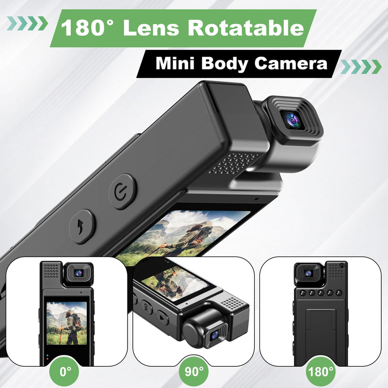 HD1080P Mini Body Camera 180° Rotatable Lens 6HR Battery Video Body Camcorder Motion Detection Night Auxiliary Lights Body Mounted Camera for Sports Cycling Security Police Law Enforcement