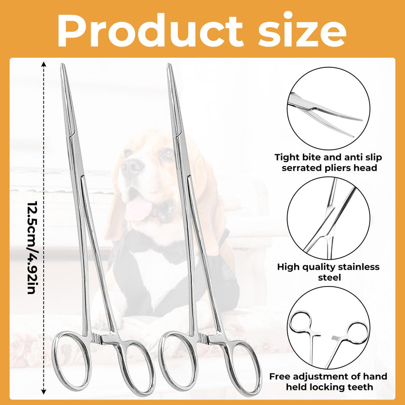 Pack of 2 Piercing Pliers and Hook Remover Pliers Made of Stainless Steel - Tweezers for Cats and Dogs Hair - Sawtooth Design - Artery Clamp - 12.5 cm - Straight and Curved Heads - Nurse Accessories