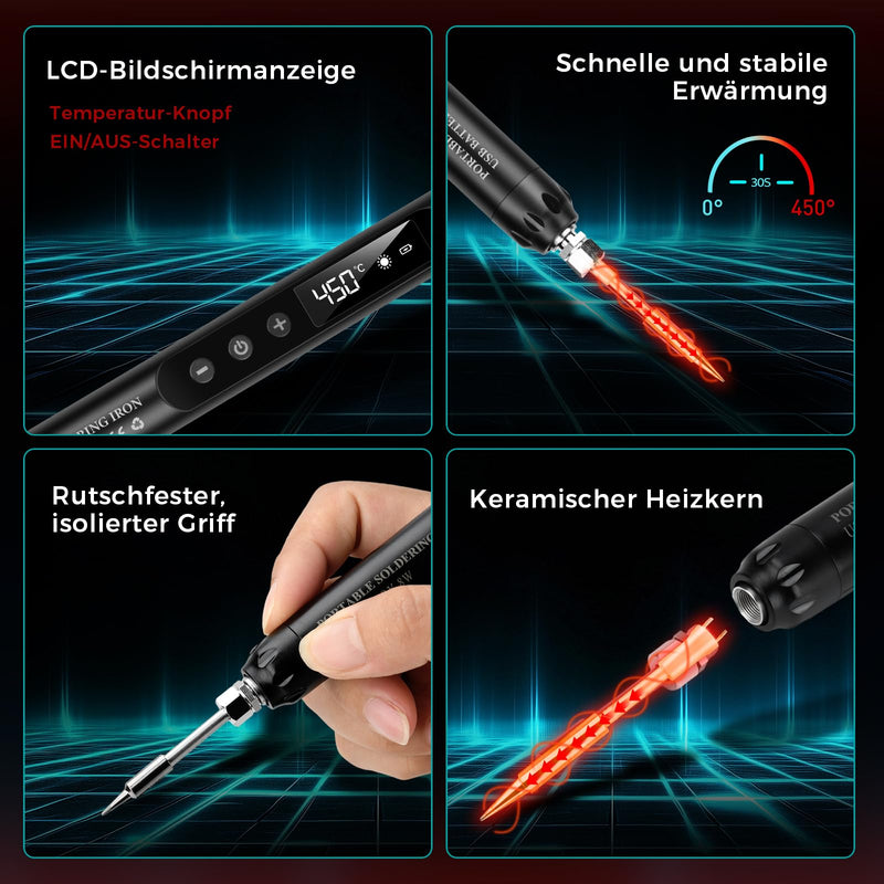Voktta USB Rechargeable Soldering Iron with LCD, Battery Soldering Iron Set, Ceramic Heating Core, Adjustable Temperatures 200-450°C, with 3 Soldering Tips, It is for Repairing Circuit Boards etc