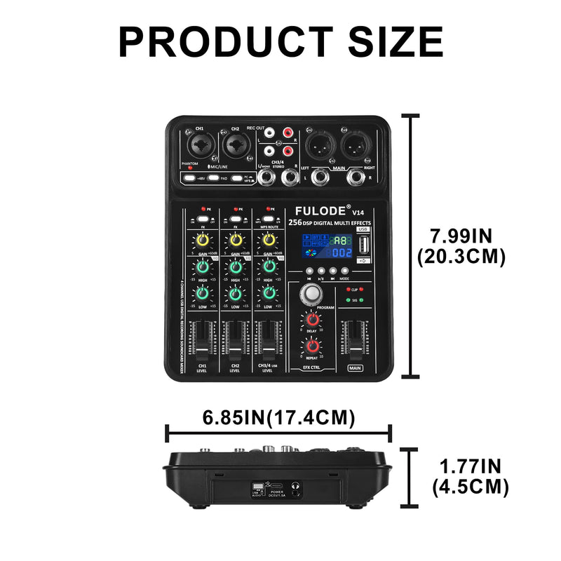 4 Channel Mixer DJ Audio Mixing Console with 256DSP, Small Music Sound Mixer Board Supports USB Bluetooth MP3 Computer Input, 48V Phantom Power & PAD Function for Recording Studio Streaming V14