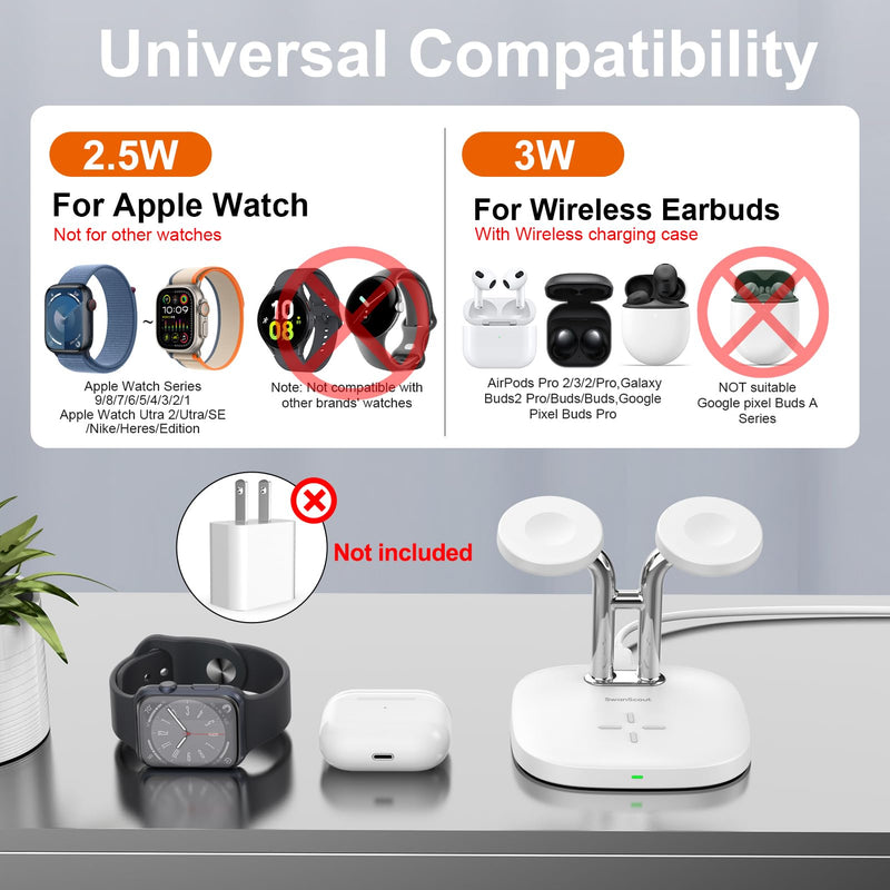 Dual Watch Charger Stand for Apple Watch, 3 in 1 Wireless Charging Station Stand Compatible with Apple Watch Ultra 2/9/8/7/6/5/3/2/SE, Wireless Charger Dock for Airpods Pro 2/3/2 (White) White
