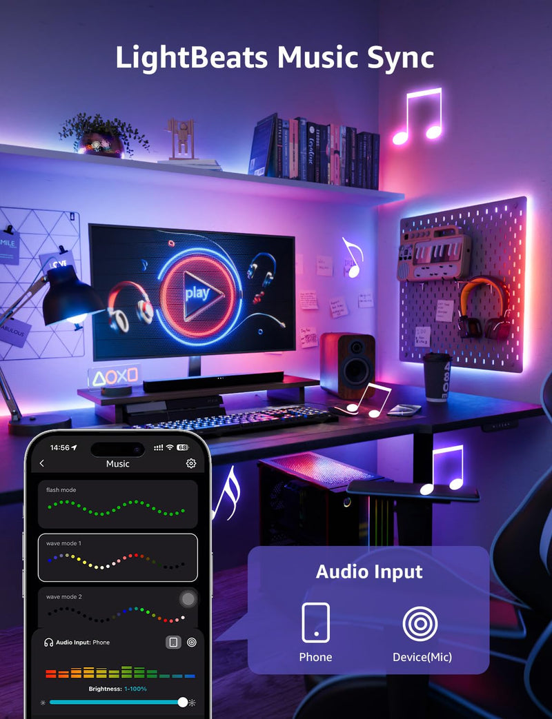 [AUSTRALIA] - Lepro S1 AI LED Strip Lights for Bedroom - 32.8ft Smart RGB Light Strips with IC and Rainbow Chasing Effects, Color Segment DIY, Personalized Al Lighting Designer, No Remote, 2.4G Wi-Fi & Bluetooth 
