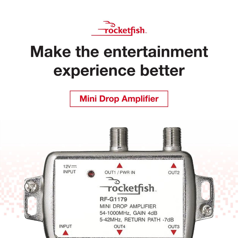 Rocketfish 4 Output Coaxial Amplifier - Coaxial Connection Amplifier for Cable TV & Modems - Antenna Amplifier with LED Power-On Indicator & 2-Way Frequency Range - Amplifier Prevents Signal Loss