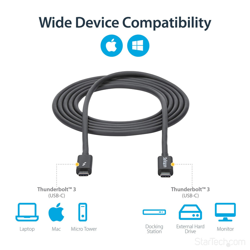 StarTech 6.6ft/2m Passive Thunderbolt 3 Cable 20Gbps, 4K60, 100W, Certified | USB-C to USB-C, Intel Thunderbolt Certified, Compatible with USB4, DP Alt Mode, Video, Type-C, 4K 60Hz UHD, Black 6ft 20Gbps | Black