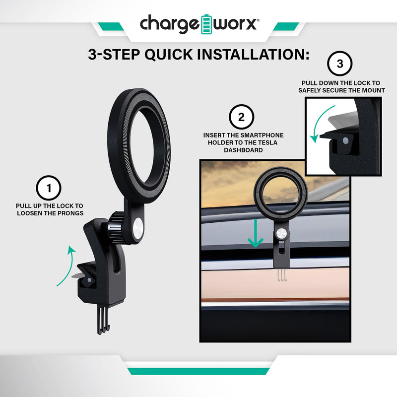 MagSafe Car Mount, Magnetic Phone Holder for Tesla Model 3 & Y, Vent Mount | Magnetic iPhone and Android Holder, 3-Prong Clip For Easy Install, 360° Foldable & Adjustable, Portrait or Landscape View