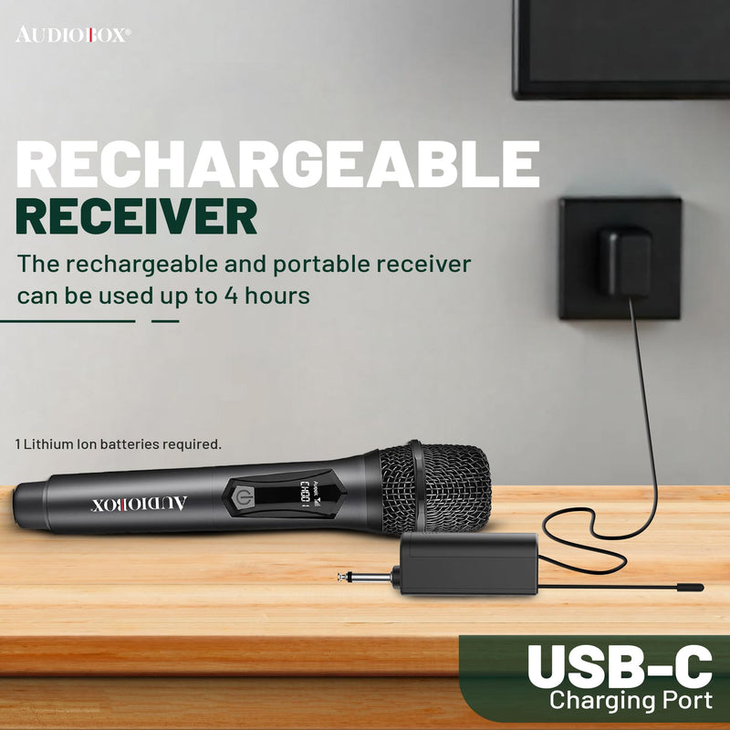 [AUSTRALIA] - Audiobox Wireless Microphone, UHF Metal Dynamic Handheld Multipurpose Mic with Rechargeable Receiver (4hrs), 160ft Range, for Karaoke Machine, Amplifier Speaker, Mixer, Church, PA - Black (2) 2 