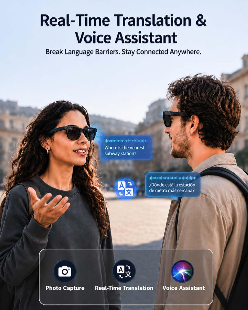 W & O AI Smart Glasses with Camera,8MP Photo Camera Sunglasses,1080P Video Recording Glasses with Dual Mic Noise Cancellation,Bluetooth,Real-Time Translation,for Men Women(Sunglass Lenses) Dark lenses