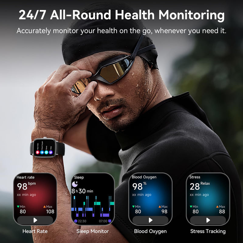 Smart Watch for Women Men, 1.85" HD AMOLED Fitness Tracker (Answer/Call) with 24/7 Heart Rate/Sleep/SpO2 Monitor for iPhone & Android, 120+ Sports Modes Smartwatch with IP68 Waterproof, 2 Bands Black