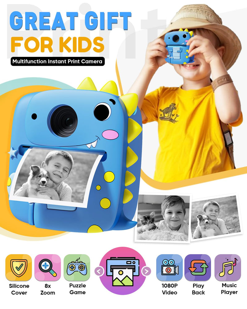 Kids Camera Instant Print, Christmas Birthday Gifts for Kids Age 3-8, 1080P Digital Camera with Silicone Cover, Toddler Portable Travel Toys for 3 4 5 6 7 8 Year Old Girls Boys-Blue Blue