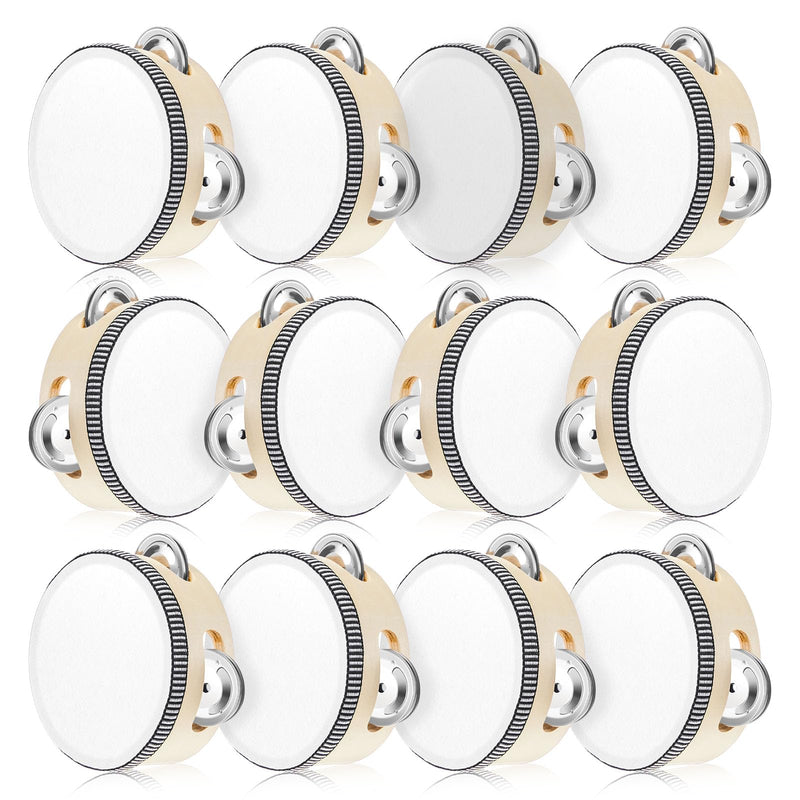 12 Pcs Wedding Tambourine Drum for Adults Hand Held Percussion Gift Wood Metal Jingles Musical Educational Drum Instrument for Church Wedding Party Games(White,4 Inch) 4 Inch White