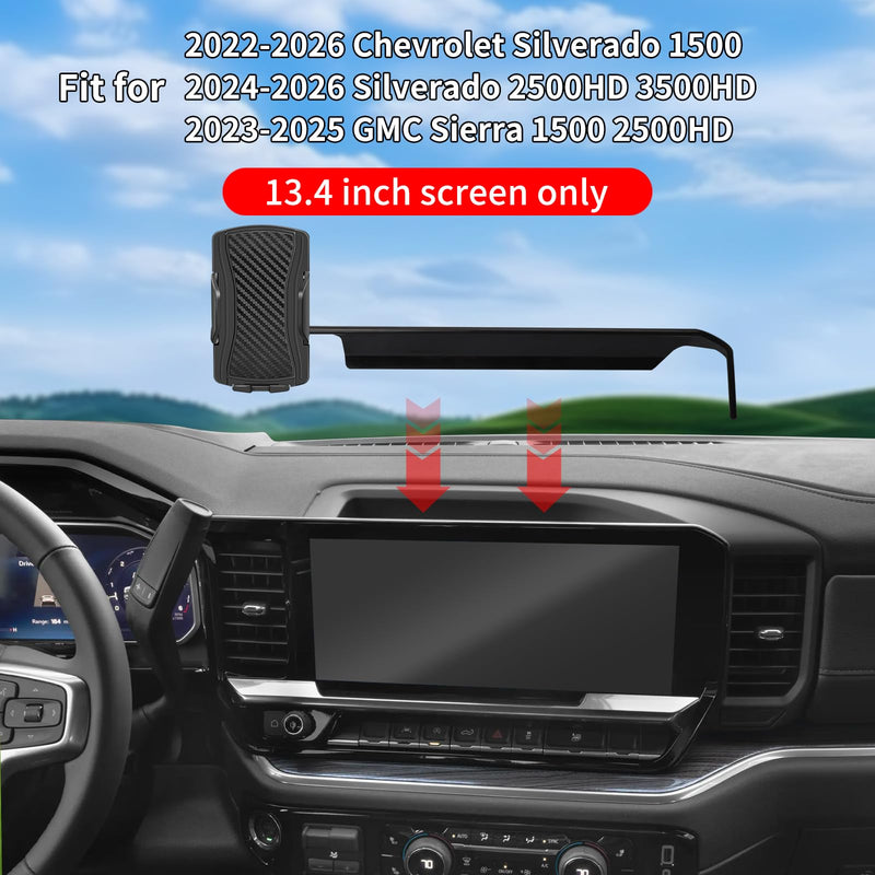 Car Phone Holder for 2022-2026 Chevrolet Silverado 1500/2024-2026 Silverado 2500HD 3500HD/2023-2025 GMC Sierra 1500 2500HD（13.4 inch screen），for Smartphone Cradle Auto Accessories，360 Degree Rotation