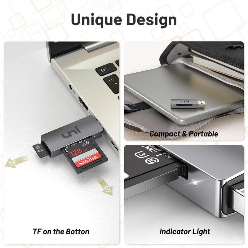 uni SD Card Reader, USB 3.0 SD Card Adapter High-Speed Micro SD Memory Card Reader Support SD/Micro SD/TF/SDHC/SDXC/MMC/UHS-I Card Compatible with Mac, Win, Linux, PC, Laptop, Chromebook, Camera Grey