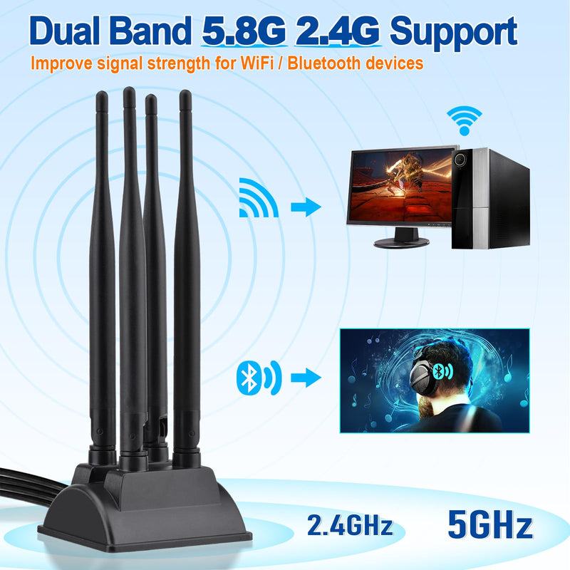 Eightwood 2.4GHz 5GHz Dual Band WiFi Antenna with 4 RP-SMA Male Connector | Magnetic Base, 6.5ft Cable, for PC Desktop Motherboard, PCIe Bluetooth Card, Wireless Router