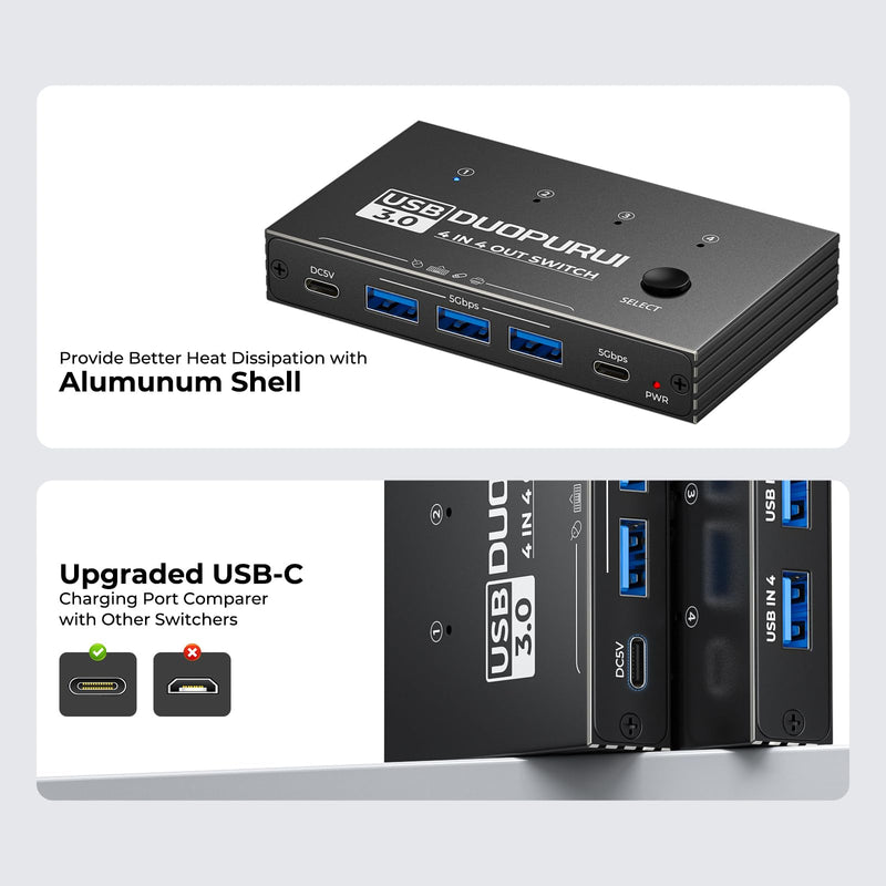 USB 3.0 Switch 4 Computers Sharing USB C & A Devices,Easy One-Click Device Switching with USB-C Cable & USB-A Cable,USB Switch Hub Share Keyboard Mouse Printer Scanner(USB3.0 4in4out) USB SWITCH 4 IN 4 OUT