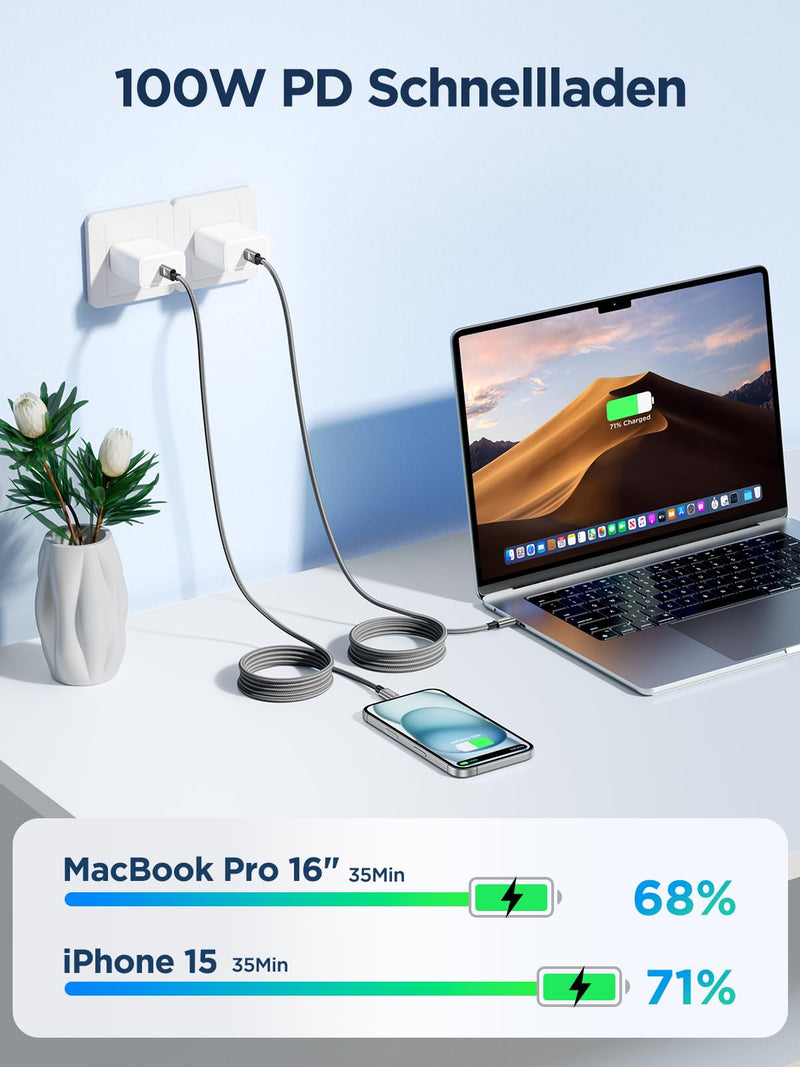 USB C to USB C Cable [2 Pieces 2 M + 2 M] 100 W USB C Cable PD Fast Charging Cable Nylon USB Type C Charging Cable for iPhone 16 Pro Max, iPhone 15, Samsung S24 S23 S22 S21, iPad Pro, MacBook Pro/Air, 2M+2M gray