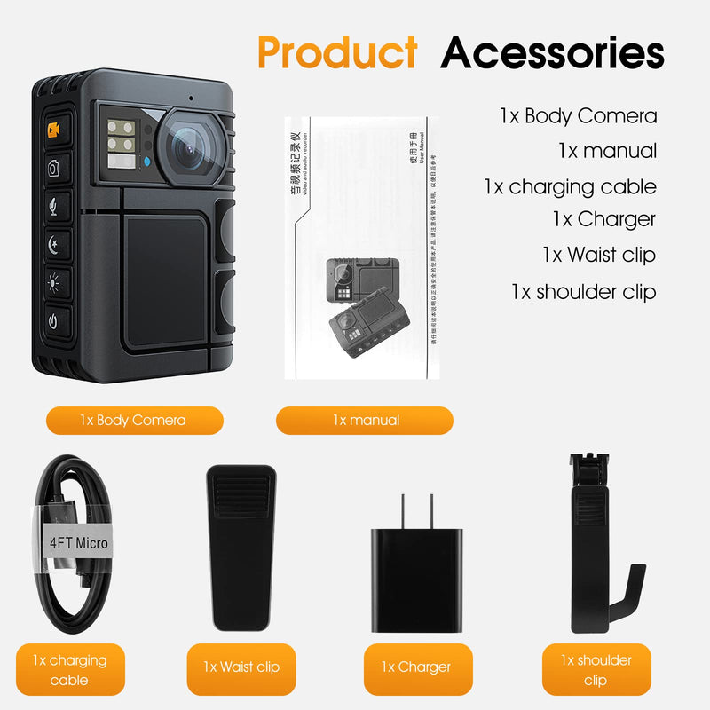 [AUSTRALIA] - 1080P Body Camera, 64GB Patrol Police Body Worn Camera with Night Vision, Waterproof Wearable Personal Body cam with Shoulder and Waist Clips, 10h record for Law Enforcement/Sporting Trip 