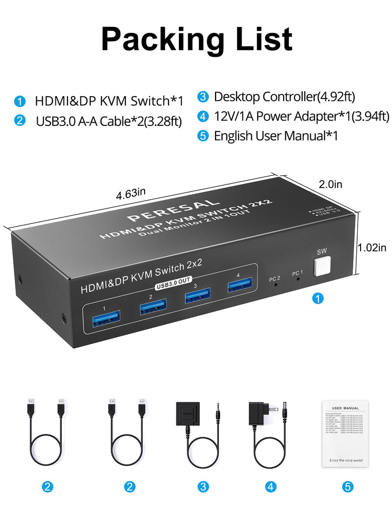 Dual Monitor HDMI DP KVM Switch, 2 Computers 4K60Hz Dual Monitor KVM Switches for Dual PC or Laptops,4 USB 3.0 Ports Support Extended/Copy Mode with DC 12V Adapter&Wired Controller Black