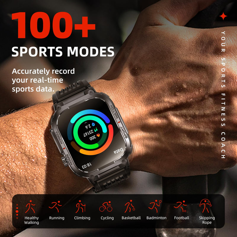 Military Smart Watch Sport Fitness Tracker, with LED Flashlight, 3ATM Waterproof, Answer/Make Calls Message Notification,Heart Rate Blood Oxygen Sleep Monitor, 2.02“ Big Screen, for iPhone/Android