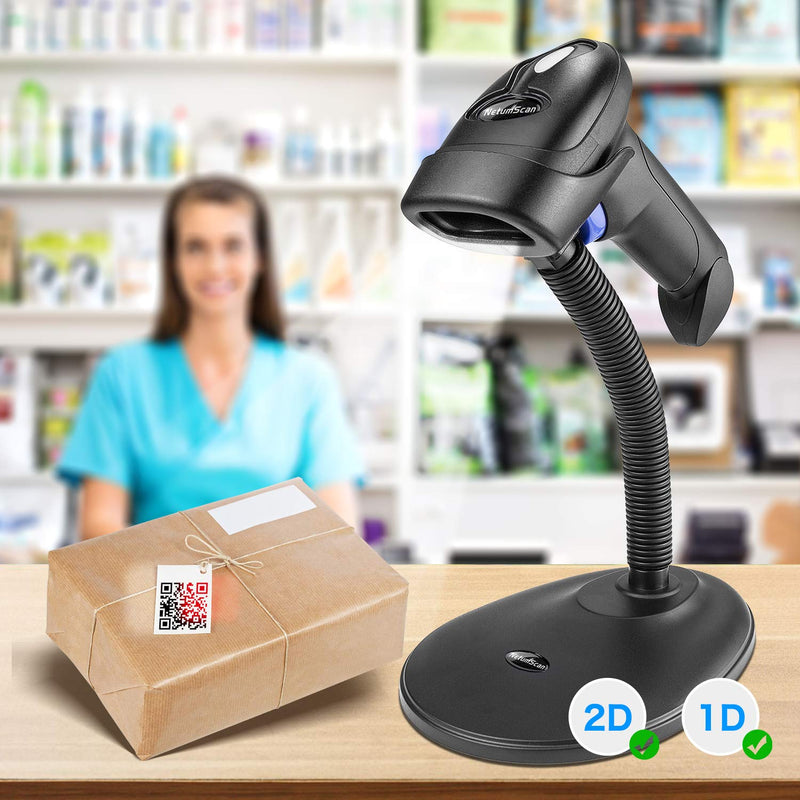Wireless 1D 2D Barcode Scanner with Stand, NetumScan Portable Automatic QR Code Scanner Supports Screen Scan Handheld CMOS Image Bar Code Reader with USB Receiver for Warehouse POS and Computer 1D & 2D Barcode Scanner
