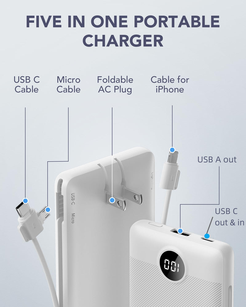 VRURC Portable Charger Built-in Cables and AC Wall Plug, USB C Power Bank 10000mAh, [2023 Upgraded Version] Phone Charger Compact Lightweight External Battery Pack for Smart Phones, Tablets etc-White White