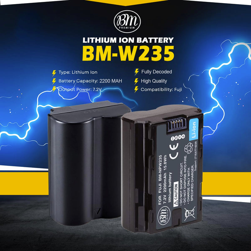 BM Premium 2 Pack of NP-W235 Batteries for Fujifilm X-S20, X-T4, X-T5, X-H2S, GFX 50S II, GFX 100RF, GFX 100S, GFX 100S II, GFX100 II Cameras, VG-XT4 Vertical Battery Grip