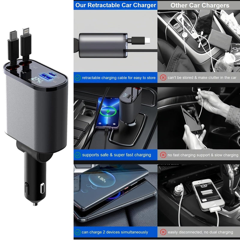 Retractable Car Charger - 4-in-1 Fast Car Phone Charger USB C and Lightning Cords 66W Cigarette Lighter Chargers Adapter for iPhone 15 14 13 12 Pro Max iPad Android Galaxy S24 S23 Pixel Tablet PT-16