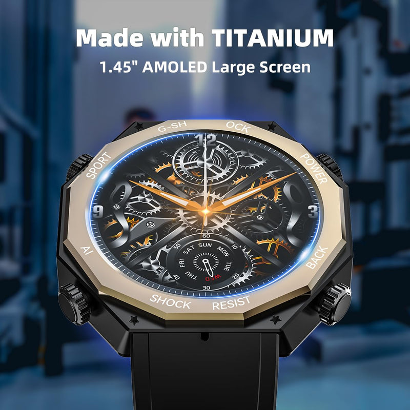 Rogbid Smart Watch for Men 680mAh 1.45" AMOLED 5ATM Waterproof Fitness Tracker Watch Heart Rate Blood Pressure Sleep Monitor Bluetooth Calls Military Sport Smartwatch for iOS Android Phones Black