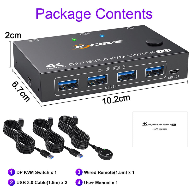 KCEVE KVM Switch 1 Monitor 2 Computers Displayport 4K@144Hz | USB 3.0 KVM Switch Displayport for 2 Computer Share 1 Monitor and 4 USB Devices, Wired Remote(4K DP 2 in 1 out KVM)