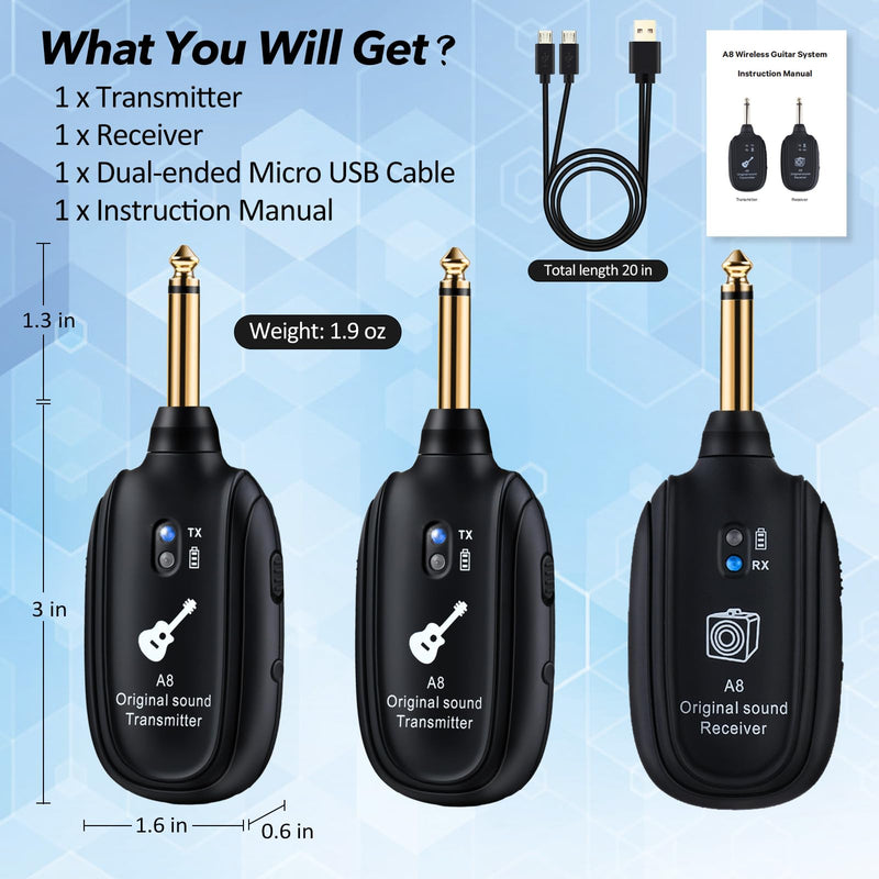 A8 Wireless Guitar Transmitter Receiver System, 2.4GHz Rechargeable, 24-bit/48KHz Audio, Low Latency <4ms for Electric Guitar & Bass, Wireless Audio Transmitter & Receiver (A8-2(2TX+1RX)) A8-2(2TX+1RX)