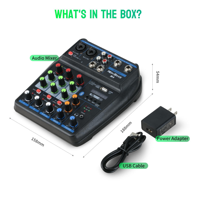 DJ Audio Mixer, DJ Mixers 4 Channel Sound Board with Bluetooth, NEW BAXS Sound Mixer Board XRL/1/4" Interface, USB/MP3 Computer Input 48V Phantom Power Stereo DJ Studio Streaming KTV Stage