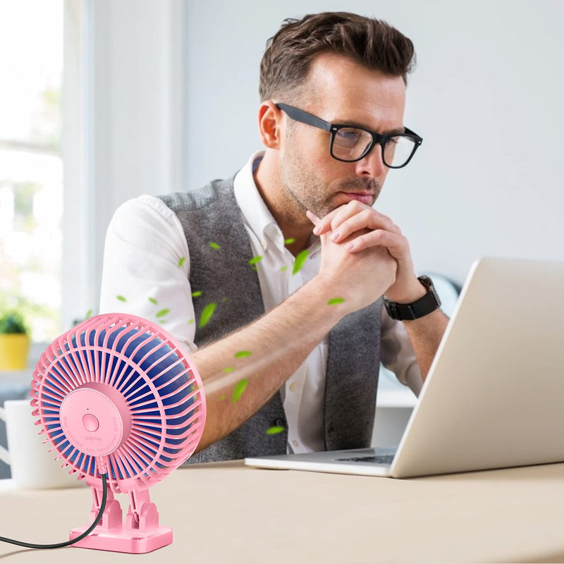 JZCreater USB Desk Fan, 5INCH Mini Fan, 3 Speeds Adjustable Desktop Table Cooling Fan in Single Button , Rotation Strong Wind, Quiet Personal Mini Fan for Home Desktop Office Travel,（Pink Blue) Pink Blue