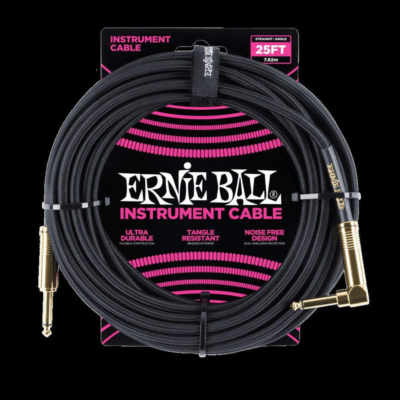 [AUSTRALIA] - Ernie Ball Braided Instrument Cable, Straight/Angle, 25ft, Black (P06058) 