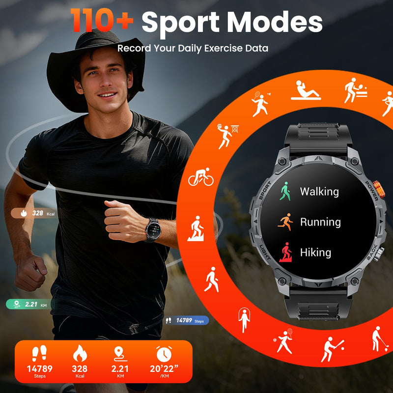 Military Smart Watches for Men,1.75″ Smartwatch with 100-Day Ultra-Long Battery/Flashlight,Fitness Watch for Heart Rate/Sleep/Calling/110+ Sports Mode Smart Watch for Android iOS 1000 mAh Black