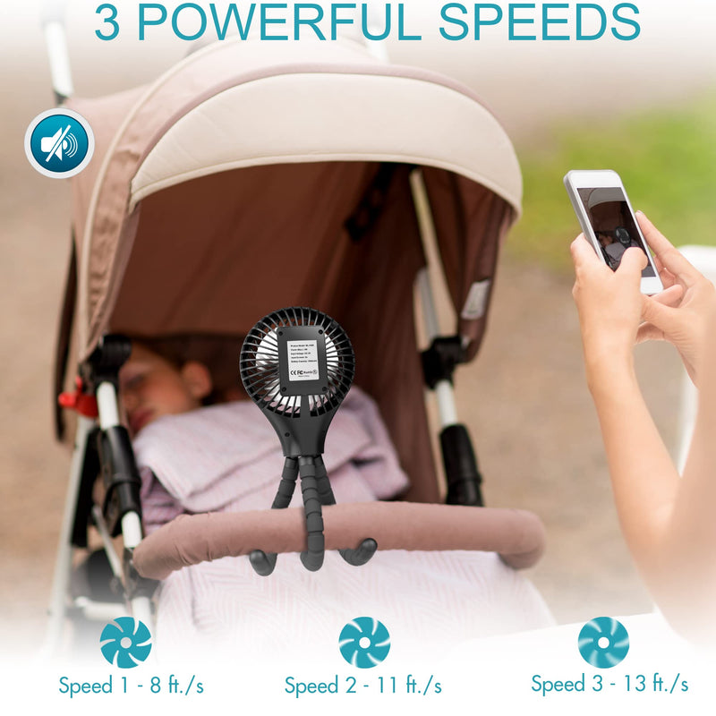Auto Oscillating Stroller Fan, Battery Operated Fan, Portable Fan with Flexible Tripod, Ultra Quiet USB Desk Fan for Stroller/Car Seat/Treadmill/Camping/Hurricane/Outage, Black