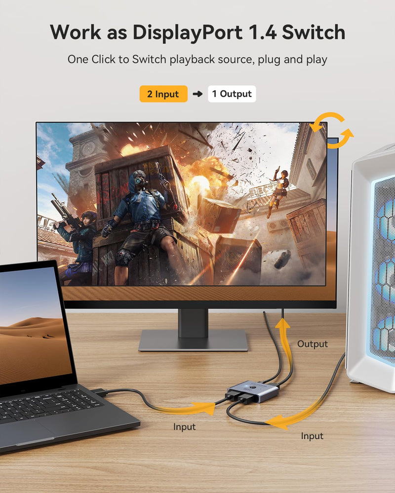 Vilcome DisplayPort Switch 8K Splitter, Plug & Play, One-Button Switching, Bidirectional Display Port Switcher Box 2 in 1 Out/ 1 in 2 Out, 8K@60Hz, 4K@120Hz, 1080P@240Hz for PC Monitor Laptop (Gray) Gray