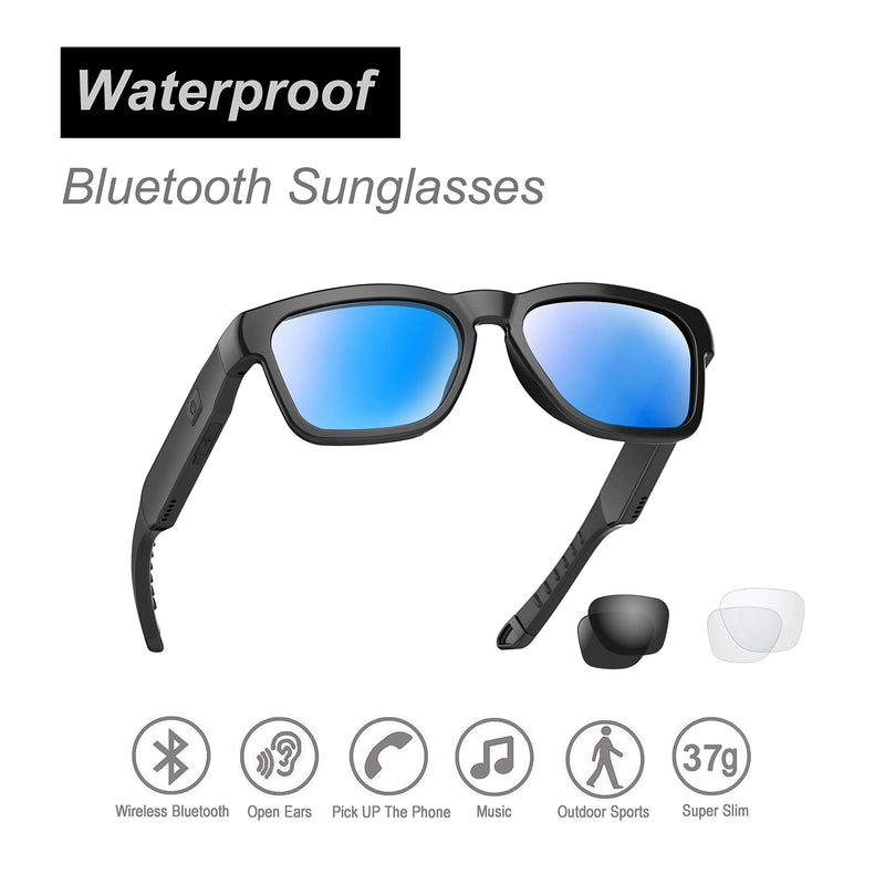 OhO Bluetooth Audio Sunglasses, Lightweight Sport Glasses, 10H Playtime, UV400 ANSI Z87.1, Water Resistant with Voice Control Black丨Ice Blue Lens