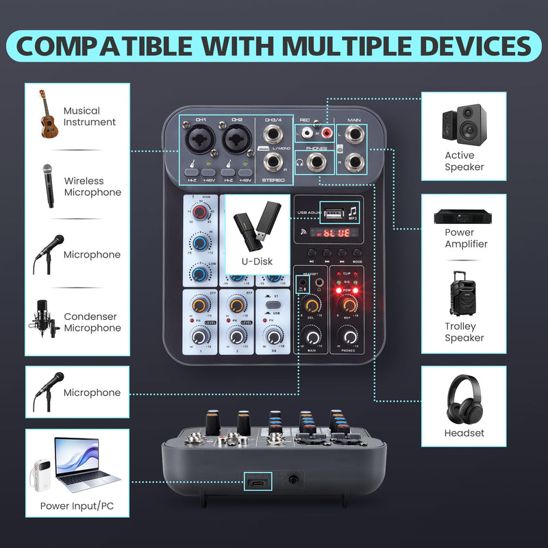 [AUSTRALIA] - 4 Channel DJ Audio Mixer, DJ Mixers Sound Board, Sound Mixer Board XLR 1/4" Interface, BT USB MP3 Computer Input 48V Phantom Power Stereo Karaoke DJ Studio Streaming KTV Stage G4B 