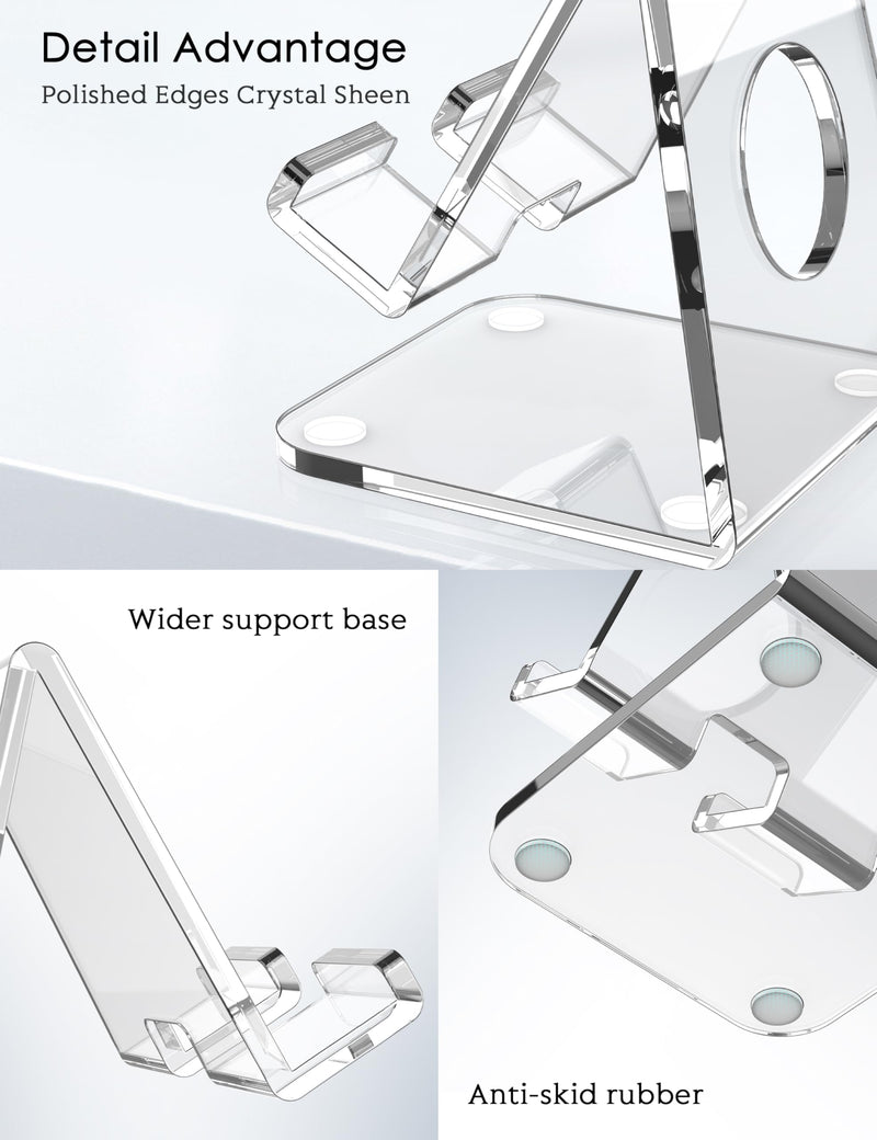 Acrylic Cell Phone Stand for Desk, Clear Thickened Phone Holder with Stable Desktop Design, Portable Transparent Stand Compatible with iPhone, Android Smartphones, 4–8 Inch Devices, Clear