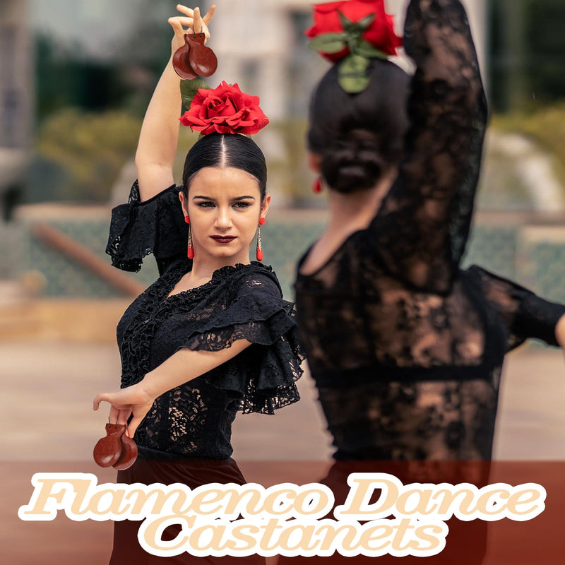 8 Pcs Spanish Castanets Musical Instrument Flamenco Castanets with String Traditional Wood Hand Percussion for Adults Beginners Spain Souvenir Gift, 4 Colors 8