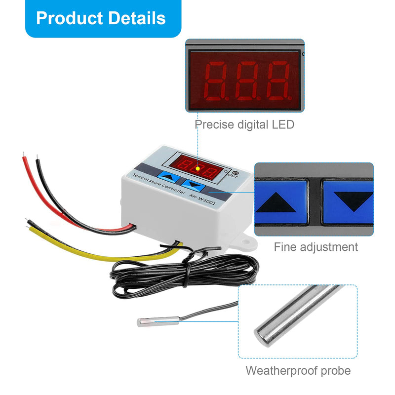 RUIZHI XH-W3001 Digital LCD Display Temperature Controller, DC 24V/240W Thermostat Switch with Waterproof Probe Microcomputer Thermostat