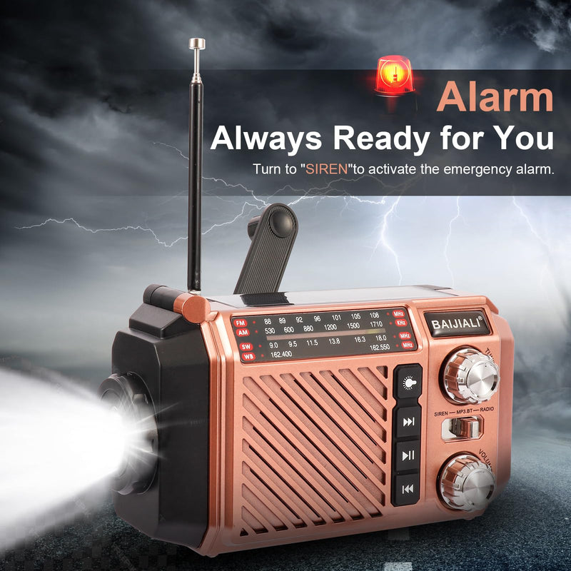 Hand Crank Emergency Weather Radio with 2600mAh/9620mWh Power Bank, NOAA AM FM Shortwave Portable Radio, Solar & USB-C Charging, Flashlight, SOS Alarm for Emergency Kits (Brown) Brown